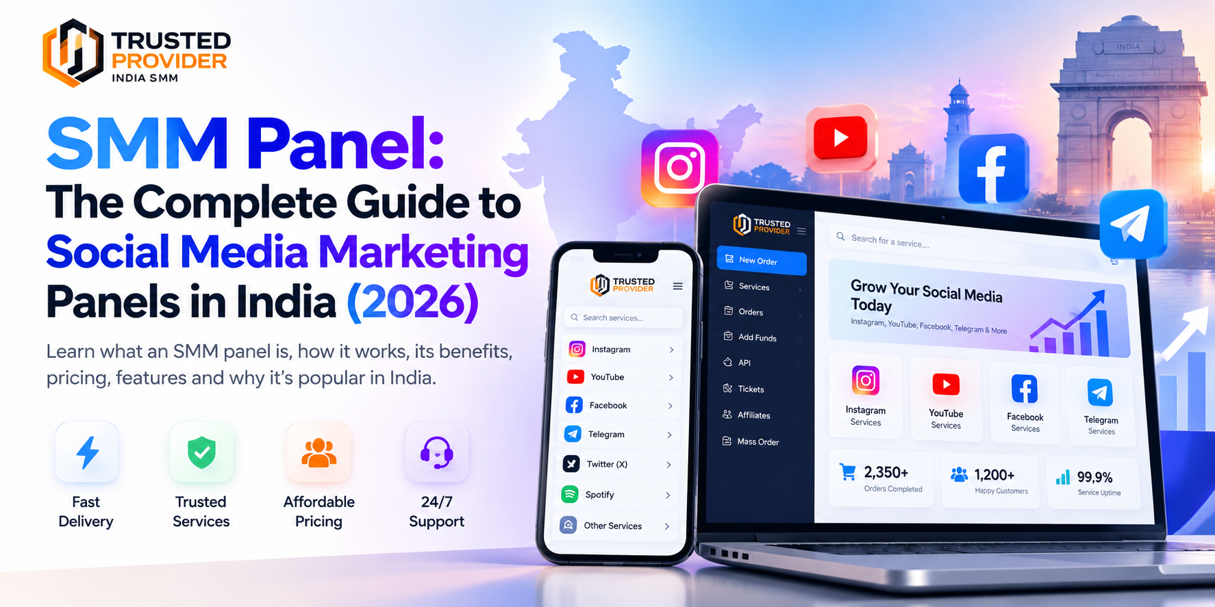 SMM Panel India 2026 dashboard banner showing the TrustedProvider social media marketing panel